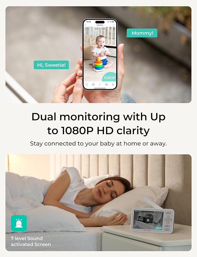 VistaView Lite Smart WiFi Baby Monitor - 4” 720P Split Screen & 1080P Camera App Control, Motion Alerts, HD Night Vision, 3000mAh Battery, 2-Way Talk, Multi-User, Triple Security, 1000ft Range