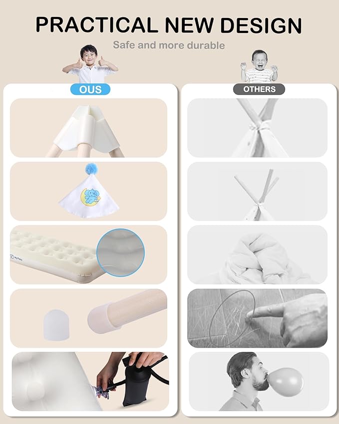 Teepee Tent for Kids with Inflatable Airbed, String Lights, Balloons, Pump, Washable Slumber Party Tent Indoor Outdoor for Girls Boys, Children Tipi Playhouse for Playtime and Sleepover