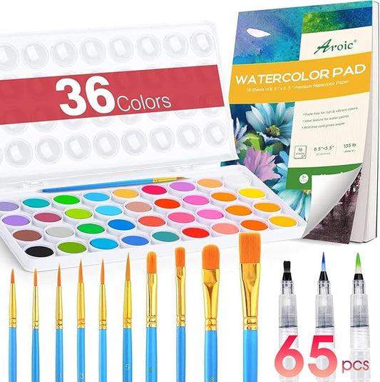 AROIC 65 Pieces Watercolor Paint Set,36 Colors Watercolor,10 Brushes,3 Refillable Water Brush Pens,16 Page Pad(8.5 * 5.5in),Profesional Watercolor Kit for Kids, Adults, Beginners