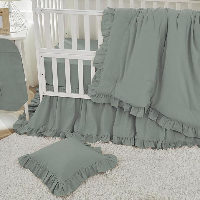 Brandream Gender Neutral Boho Bohemian Baby Girl Boy Nursery 3 Pieces Crib Bedding Set Solid Green Farmhouse Chic Ruffle Unisex Cozy 100% Washed Cotton