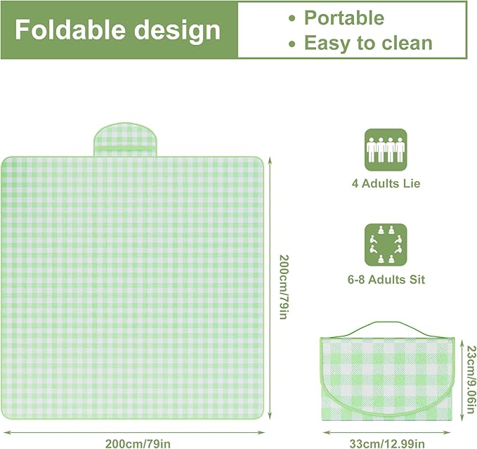 UDEAR Foldable Picnic Blanket,80"x80" Waterproof, Sandproof, Portable with Tote Bag for Beach, Park, Camping, and Travel,Green Plaid