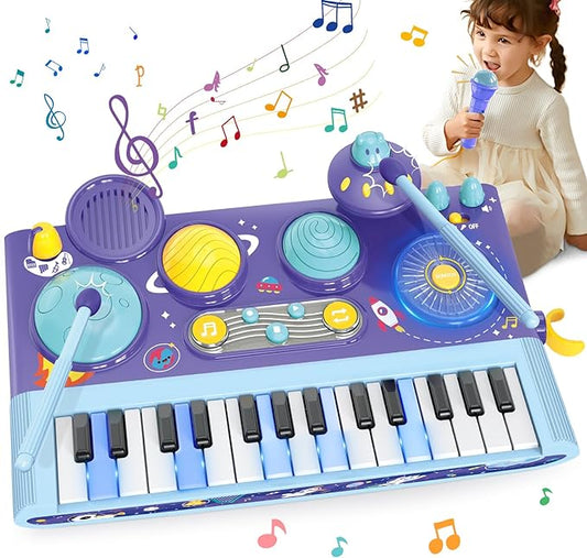 Mostop Toddler Musical Toys 5 in 1 Piano Keyboard Xylophone Drum with Microphone, DJ Table Instruments Learning Toys with Lights for Boys Girls Age 2-5, Kids Piano Drum Set Christmas Birthday Gift