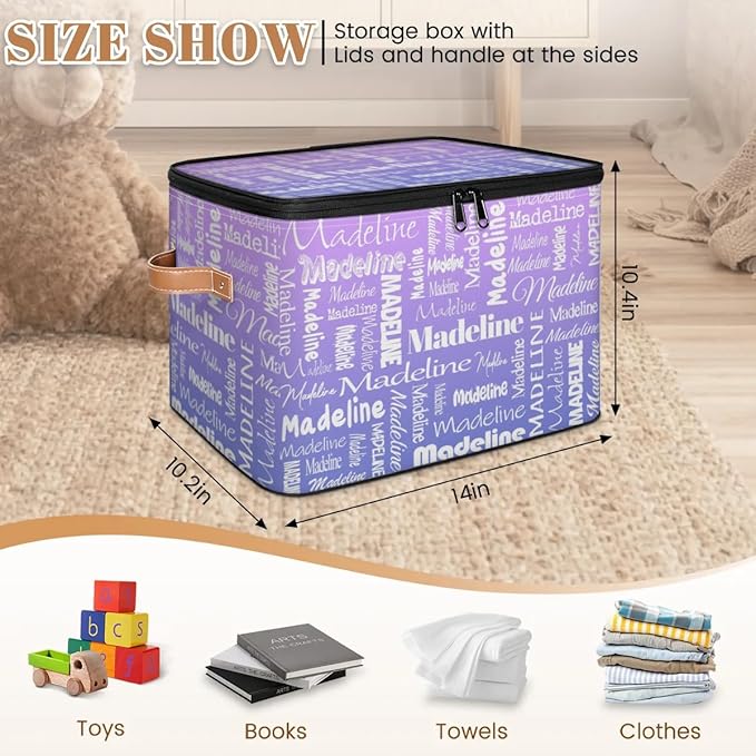 Custom Storage Basket with Name, Personalized Storage Bins with Zipper Lid, Foldable Fabric Storage Box Large capacity with Handle Purple