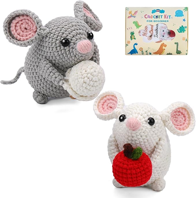 RUQKNO Crochet Kit for Beginners， 2 Pcs Hamster Amigurumi Crochet Animal Kit with Step-by-Step Video Tutorials, Easy-to-Learn Beginner Crochet Kit for Adults & Kids, All-in-One Craft Supplies