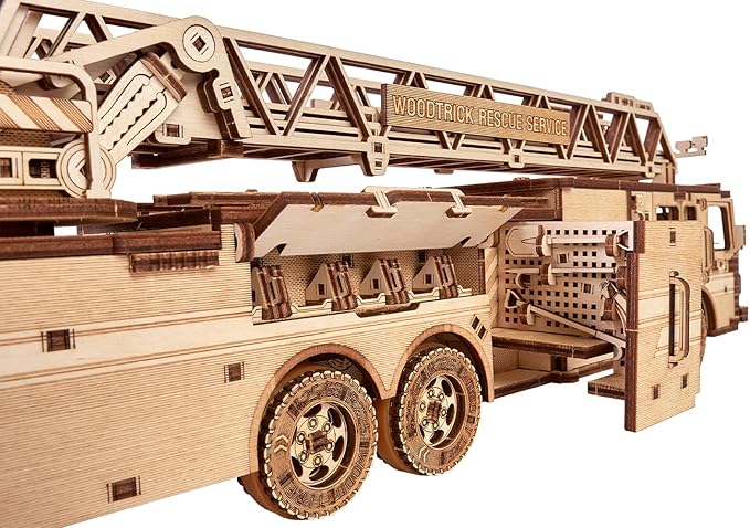 Wood Trick Rescue Firetruck Movable - Rotating Extendable Ladder - 3D Wooden Puzzles for Adults and Kids to Build - Rides up to 20 ft - Wooden Models Engineering DIY Project Mechanical Model Kit