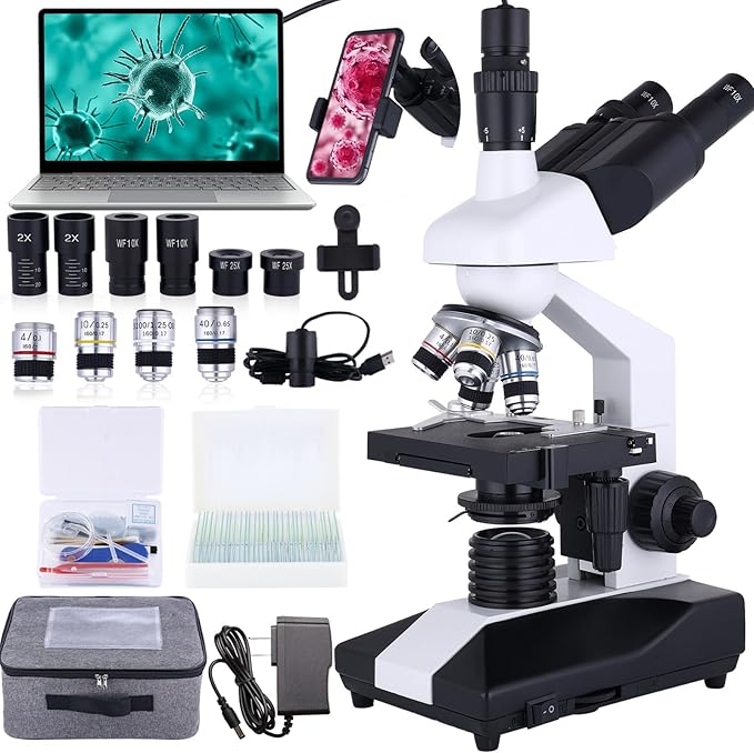 Compound Trinocular Microscope 40X-5000X Magnification, Research Grade Professional Microscope, Two Levels of Mechanical Stage LED Illumination, USB Video Camera with Microscope for Adults