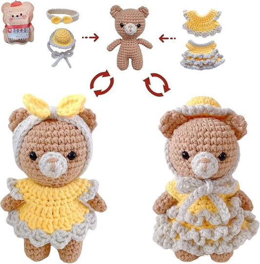 LoopMap Crochet Kit for Beginners - DIY Amigurumi Bear with Removable Dress & Accessories, Step-by-Step Video Tutorials, Extra Yarn, Crochet Tools, Handmade Gift for Kids & Adults(Bear-Yellow)