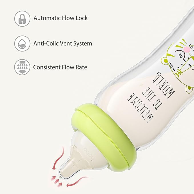 YOHKOH Natural Glass Baby Bottle with Natural Response Nipple, Newborn Anti-Colic Baby Bottles, Wide Neck Mushroom Cap Baby Bottle, Clear (8.8ounce (Pack of 4), Green1)