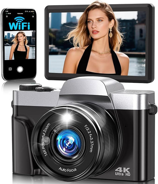 4K Digital Camera for Photography with WiFi,64MP Autofocus Vlogging Camera for YouTube,3'' 180° Flip Screen Compact Travel Camera for Teens with 32GB SD Card,16X Zoom,Anti-Shake,2 Batteries(Charcoal)
