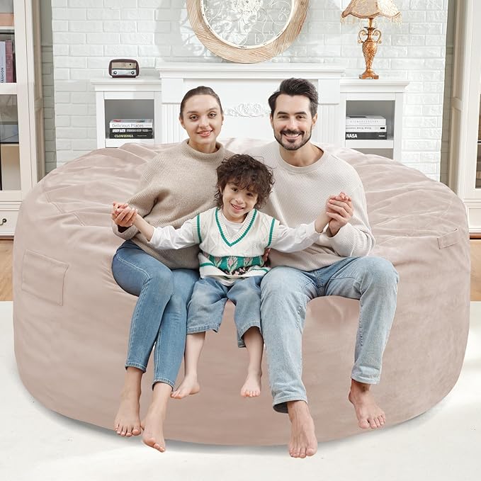 5FT Bean Bag Chair, Large Bean Bag Chairs with Memory Foam Filled, Fluffy Beanbag Sofa with Dutch Velvet Cover, Round BeanBag Chairs for Living Room, Playroom - Beige