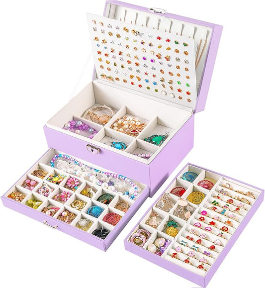 Earrings Jewelry Box for Girls, 5 Layers Jewelry Organizer with Earring Holder Organizer for Girls Earring Organizer Jewelry Boxes for Women Earrings and Necklaces Jewelry Box Organizer Violet
