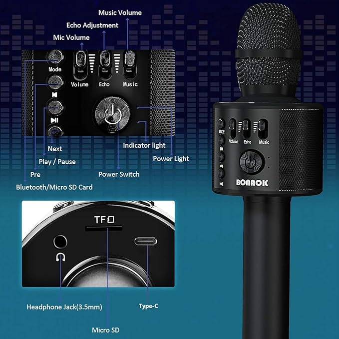 BONAOK Wireless Bluetooth Karaoke Microphone,3-in-1 Portable Handheld Karaoke Mic Speaker Machine Home Party Birthday for All Smartphones Q37 (Black)