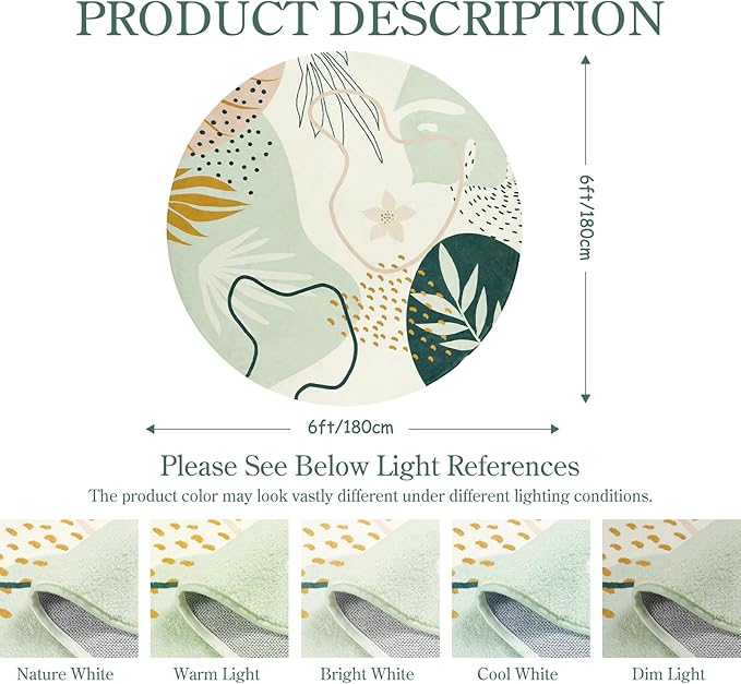 Lahome Green Washable Round Rug - 6Ft Round Area Rug for Living Room Throw Soft Boho Round Rug Large Non-Slip Round Dining Room Rug, Botanical Print Round Carpet for Bedroom Entryway Classroom Dorm