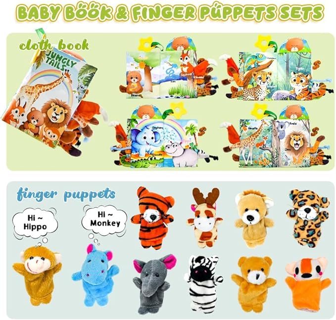 Baby Toys 0-6 Month, Crinkle Books for Babies, Jungle Tails Soft Baby Cloth Books 6 to 12 Months with 10 Pcs Jungle Animal Finger Puppets, Infant Tummy Time Sensory Toys, Newborn Gifts for Boys Girls