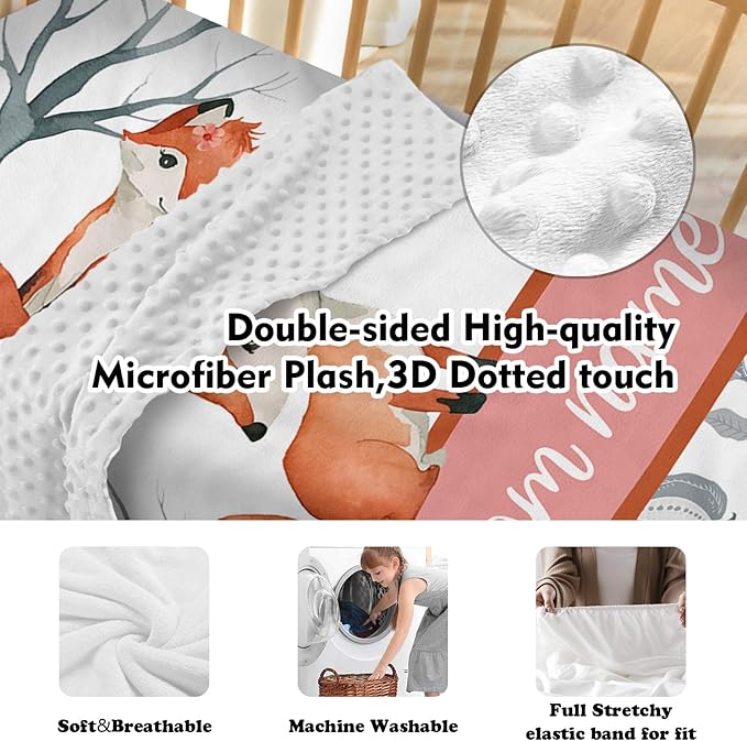 Personalized Nursery Crib Bedding Set: Custom Name 5 Piece Baby Crib Sets with Cute Fox Pattern - Toddler Double Layer Blanket Set, Comfortable Crib Bed Sheets for Baby Grils