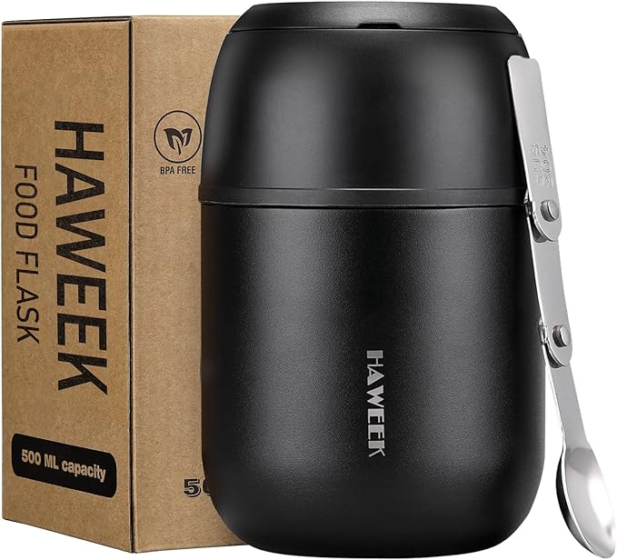 Insulated Food Container 17 oz Soup Thermo for Hot Food Kids Adults, Stainless Steel Vacuum Lunch Box with Folding Spoon, Adult Kids Thermo Portable with Handle for School, Office, Outdoor