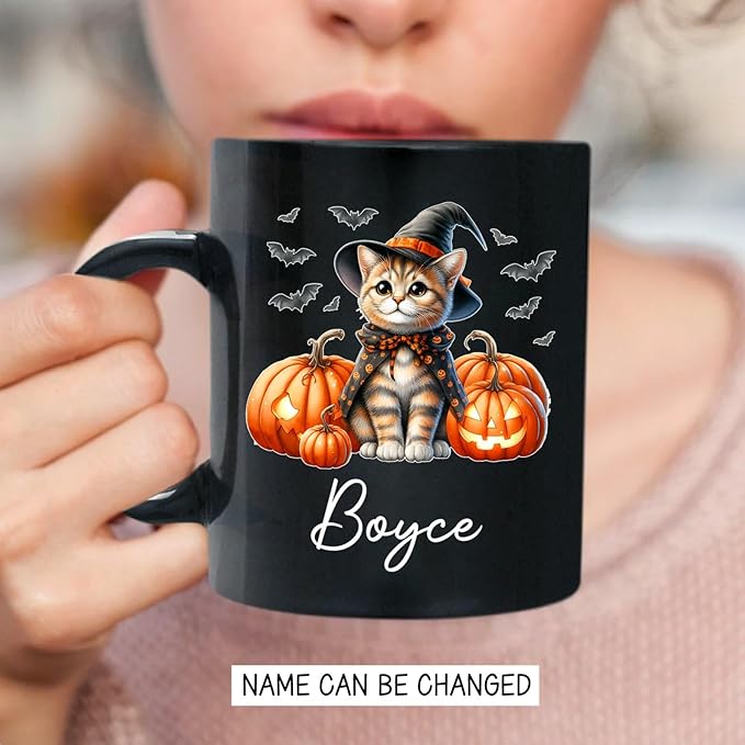 Personalized Ocicat with Pumpkins Halloween Ceramic Cups, Ocicat Wearing Witch Hat Coffee Mug 11oz 15oz, Customized Cat Black Mug with Pet's Name, Halloween Cup Gift for Cat Dad Mom Pet Lover