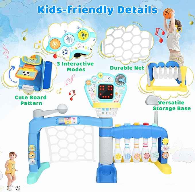 Toddler Basketball Hoop with Adjustable Height, 5 in 1 Toddler Sports Activity Center, Basketball Bowling Baseball Soccer Golf Set, Indoor Outdoor Sports Toy for Baby Birthday Present