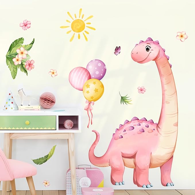 Large Pink Dinosaur Wall Decals Cartoon Dino Balloon Flower Wall Stickers Peel and Stick Wall Art Decor for Girls Baby Nursery Kids Bedroom Playroom Classroom Toddlers Wall Decor