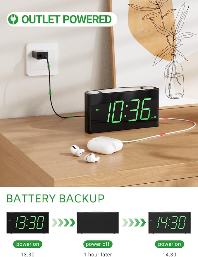 Alarm Clock for Bedroom, 7.5" Large Display LED Digital Clock with 7 Color Night Light,USB Phone Charger,Dimmer,Battery Backup,Easy to Set Loud Bedside Clock for Heavy Sleepers Adult Teen Kid Boy Girl