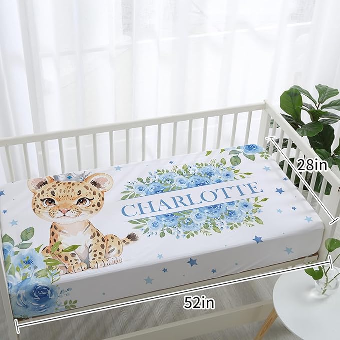 Personalized Nursery Crib Bedding Set: Custom Name Blue Floral 5 Piece Baby Crib Sets with Leopard Theme - Toddler Double Layer Blanket Set, Comfortable Crib Bed Sheets for Baby Grils