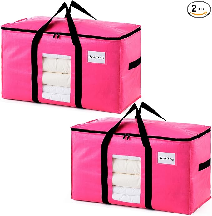 TAILI 2 Pack Pink Extra Large Moving Bags, Heavy Duty Totes with Visible Window, Wrap Around Handles, Space-Saving Storage, Alternative to Moving Boxes
