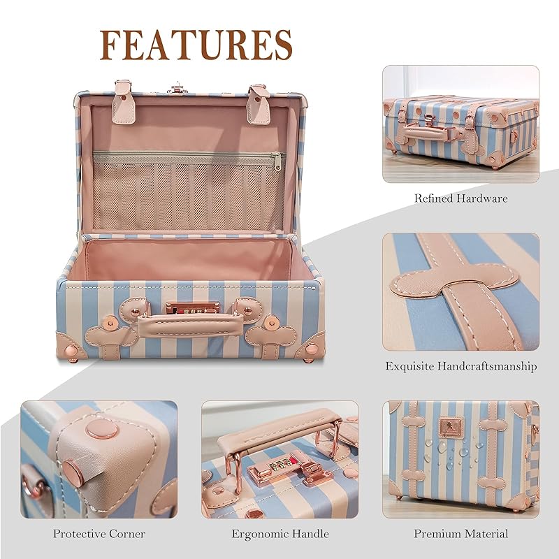 Unitravel Baby Keepsake Case, 13" Handmade Memory Storage Box, Newborn Keepsake Box, Vintage Suitcase for Baby Shower, Baptism, Naming Ceremony or Birthday (blue strip)