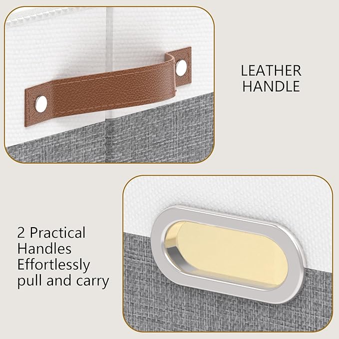 Yawinhe Foldable Storage Baskets for Shelves, Fabric Closet Organizers, Bins with 3 Handles, Cubes for Clothes, White/Grey, 15''Lx9.8''Wx8.3''H, 6-Pack