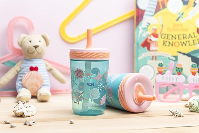 Zak Designs Shells Kelso Tumbler Set, Leak-Proof Screw-On Lid with Straw, Bundle for Kids Includes Plastic and Stainless Steel Cups with Bonus Sipper (3pc Set, Non-BPA) 15 fl.oz.
