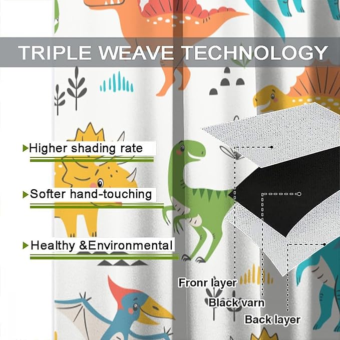 Kids Dinosaur Curtains for Boys Girls Bedroom Decor Cartoon Dino Colorful Cute Funny Animal Wildlife Printed Blackout Rod Pocket Window Drapes for Baby Nursery Playroom W27.5xL63in 2 Panels