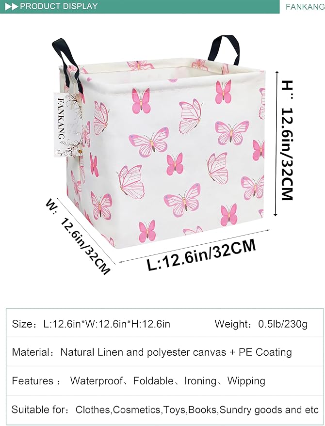 FANKANG Square Nursery Hamper Storage Bins Canvas Laundry Basket Foldable with Waterproof PE Coating Storage Baskets Gift Baskets for Children, Office, Bedroom, Clothes（Square-pink butterfly ）