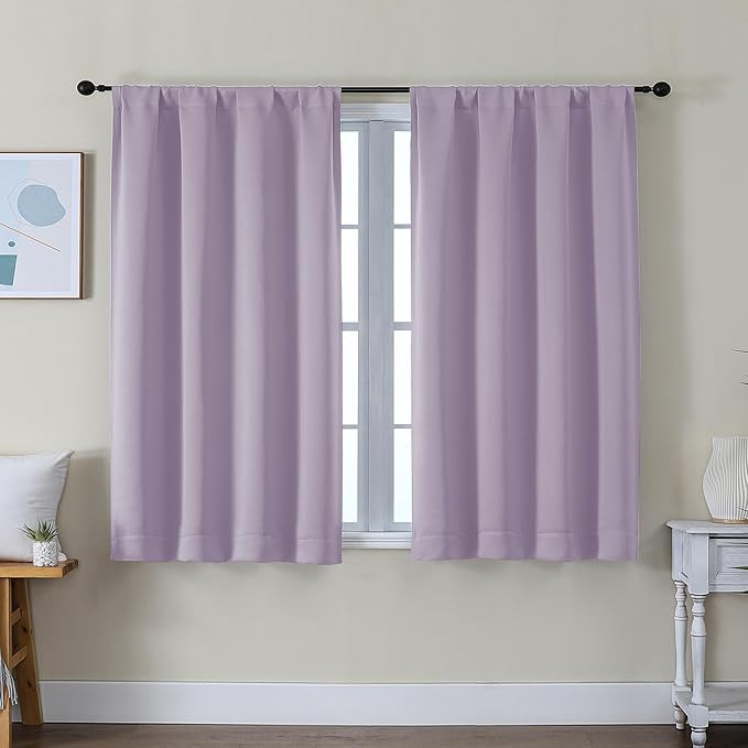Simplebrand Ava Lilac Short Blackout Curtains for Bedroom 45 Inches Long 2 Panels Set, Solid Thermal Insulated, Energy Saving Window Treatment Curtains Blackout Drapes, W40 x L45 Inch, Lilac