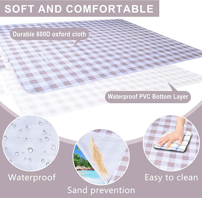 80"x60" Waterproof Sandproof Picnic Mat - Portable Foldable Outdoor Blanket for Beach, Park, Travel & Indoor Use - Lightweight Compact Design, Easy-Carry (Light Brown)