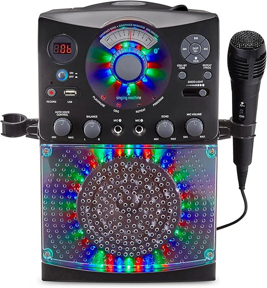 Singing Machine Karaoke Machine for Kids and Adults with Wired Microphone - Built-In Speaker with LED Disco Lights - Wireless Bluetooth, CD+G & USB Connectivity - Black [Amazon Exclusive]