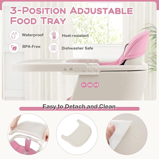 BABY JOY Convertible Baby High Chair, 3 in 1 Wooden Highchair/Booster/Chair with Removable Tray, Adjustable Legs, 5-Point Harness, PU Cushion and Footrest for Baby, Infants, Toddlers (Pink)