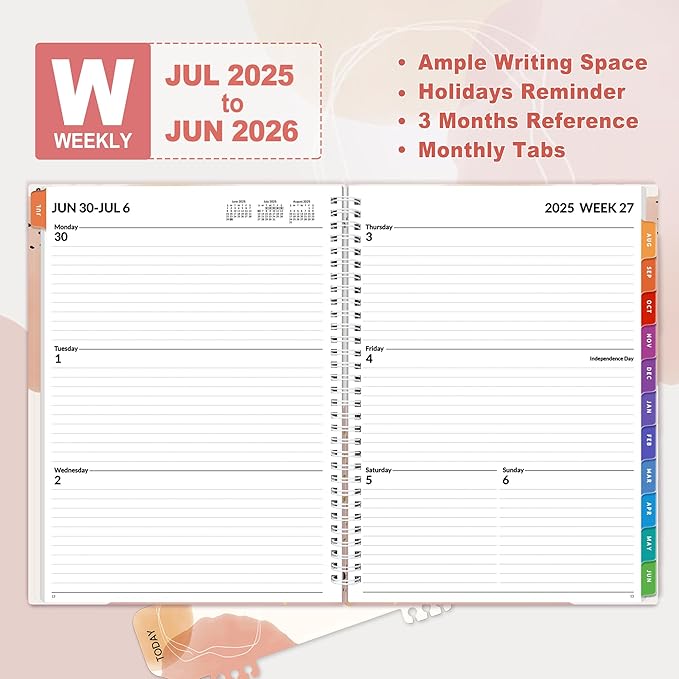 SUNEE Academic Planner 2025-2026 Weekly and Monthly, July 2025-June 2026, 8.5"x11", Tabs, Note Pages, Pockets, Bookmark, Flexible Cover, Spiral Binding, Blushing Abstract Breeze
