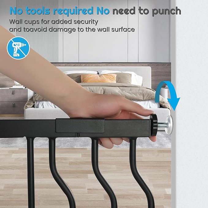 Owlie Baby Gate with Door 66-75 Inch, Extra Wide Stair Gates for Kids Adjustable Wide Dog Pet Gate Stairway Large Baby Gates Pressure Mount for Pets for House Stairway Doorway Black (30.5'' Tall)