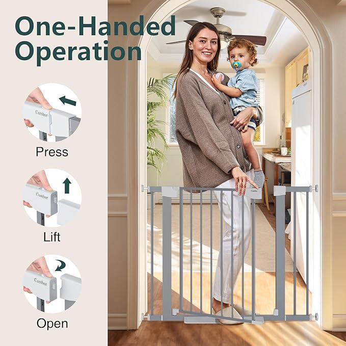 Cumbor 29.7"-40.6" Baby Gate for Stairs, Mom's Choice Awards Winner-Dog Gates for Doorways, Pressure Mounted Auto-Close Pet Gates for Dogs Indoor, Safety Child Gate with Easy Walk Thru Door, Gray
