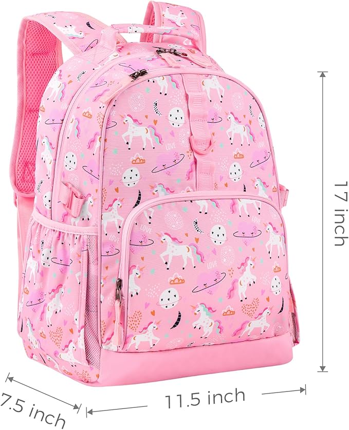 Choco Mocha Unicorn Backpack for Girls, Elementary School Backpack for Girls Ages 6-8 Kids Kindergarten Backpack Bookbag 17 Inch with Chest Strap, Pink
