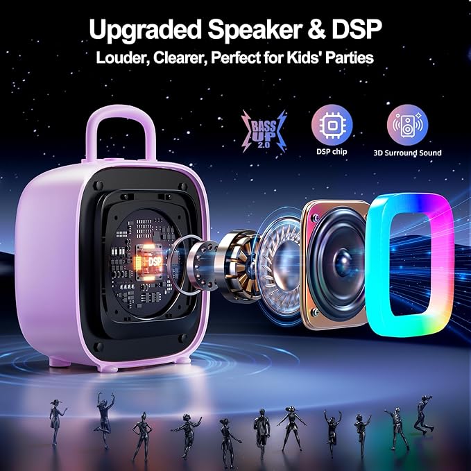 Kinglucky Karaoke Machine for Kids Girls Ages 3-12 with 2 Light-Up Microphones, Bigger Size Yet Portable Bluetooth Speaker with Voice Effects for Birthday, Family Fun & Party (Purple)
