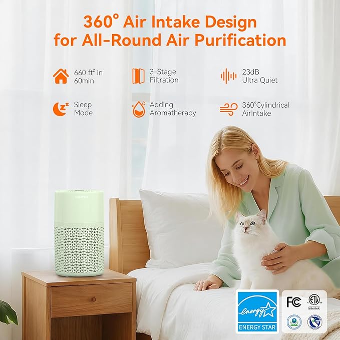 AIRROMI Pets Air Purifier for Home Allergies,Up to 660 ft².Yellow Deodorizing Activated Carbon Filter,With Fragrance Sponge for Better Sleep,Night Light,Pet Dander,Smoke,Odors,Air Cleaner A2002 Green