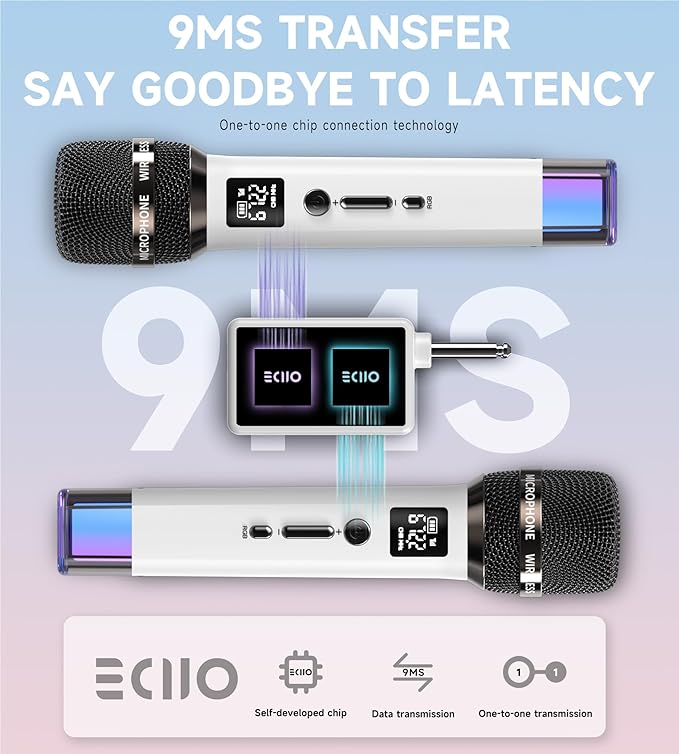 Wireless Microphones, Microphone with One-to-One Chip Connection and LED Lights, 40H Duration, 200FT Range Receiving, Volume Control Karaoke Microphone for Singing, Speech, Home Party, YouTube/TikTok