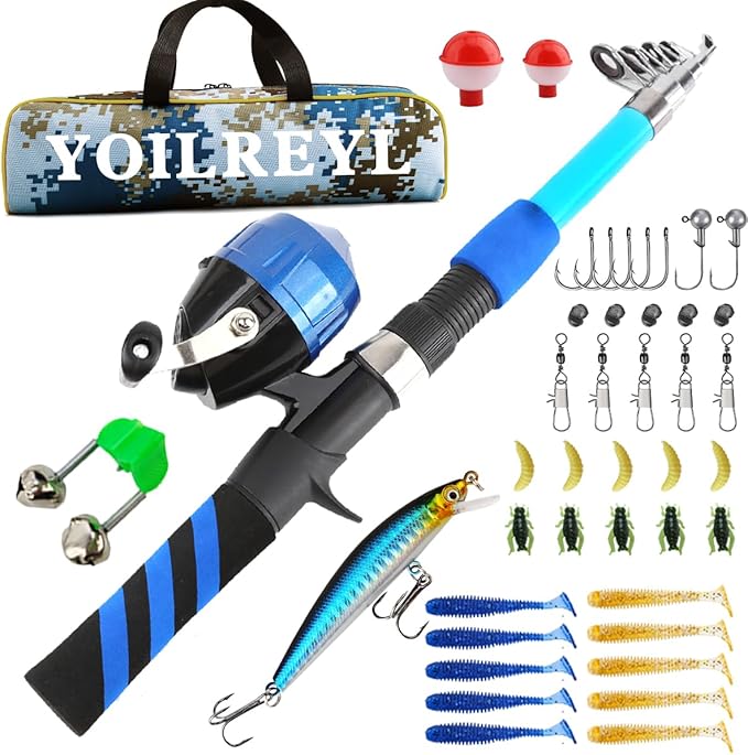 Collapsible Telescopic Fishing Rod and Reel Combo Push Button Small Fishing Pole Kit Beginner Youth Boys Fishing Starter Set Tackle
