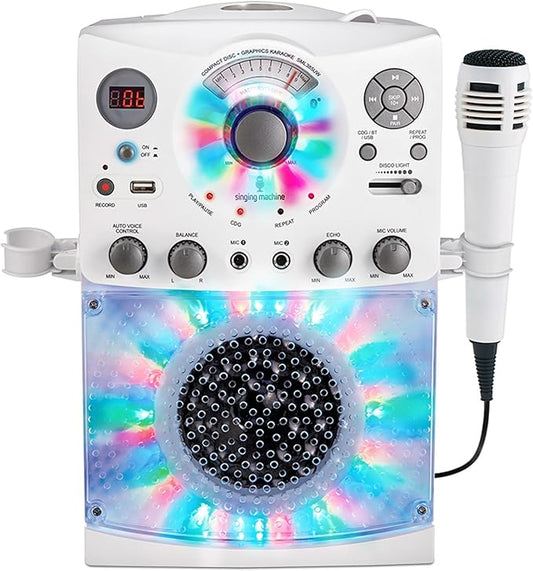 Singing Machine Portable Karaoke Machine for Adults & Kids with Wired Microphone, White - Built-In Speaker, Bluetooth with LED Disco Lights - Karaoke System with CD+G Player & USB Connectivity