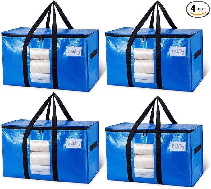 TAILI Extra Large Moving Bags, 4 Pack Blue Heavy Duty Totes For Storage with Visible Window, Wrap Around Handles, Storage Bags for Space Saving, Alternative to Moving Boxes
