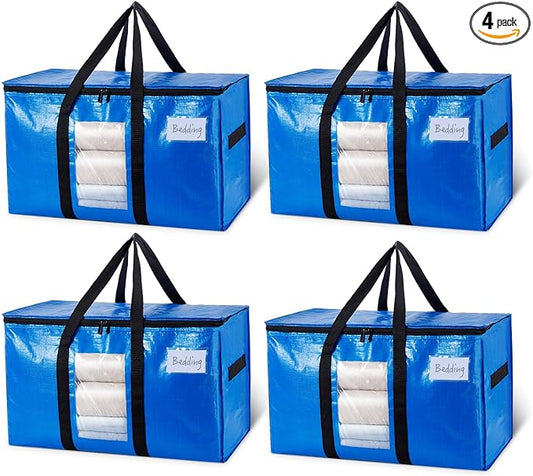 TAILI Extra Large Moving Bags, 4 Pack Blue Heavy Duty Totes For Storage with Visible Window, Wrap Around Handles, Storage Bags for Space Saving, Alternative to Moving Boxes