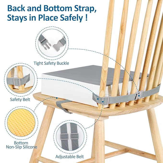 Toddler Booster Seat for Dining Table Chair,Non-Slip Bottom Baby Kid Booster Seat for Dining Table,2 Adjustable Straps,Portable Booster Seat for Table Travel Booster Seat for Toddler(Grey+White)