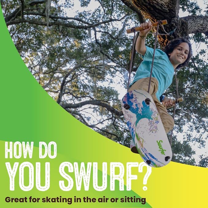 Swurfer TreeSkate Skateboard Swing, Outdoor Stand Up Surf Swing, Holds Up to 200 lbs, Ages 6 and Up, Adjustable Handles, Grip Tape, Kids Outdoor Play Equipment for Children and Adults (Waves)