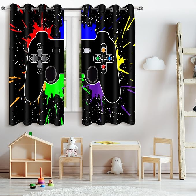 Jekeno Game Controller Blackout Curtains for Kids Boys Teens Bedroom Colorful Gamer Gaming Gamepad Decor for Home Living Room Darkening Grommet Window Drapes 2 Panel Set, 42"x63"