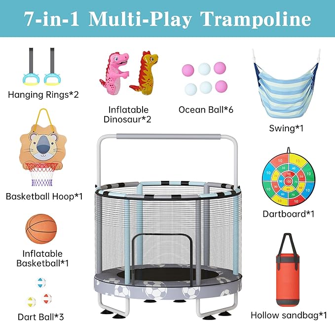 LAMERGE 55" 7-in-1 Round Trampoline for Kids Boys & Girls Ages 1-8, Indoor & Outdoor Trampoline for Fun, Adjustable Height Handrail ＆ Enclosed Safety Net ＆ Durable Designs for Toddlers Children